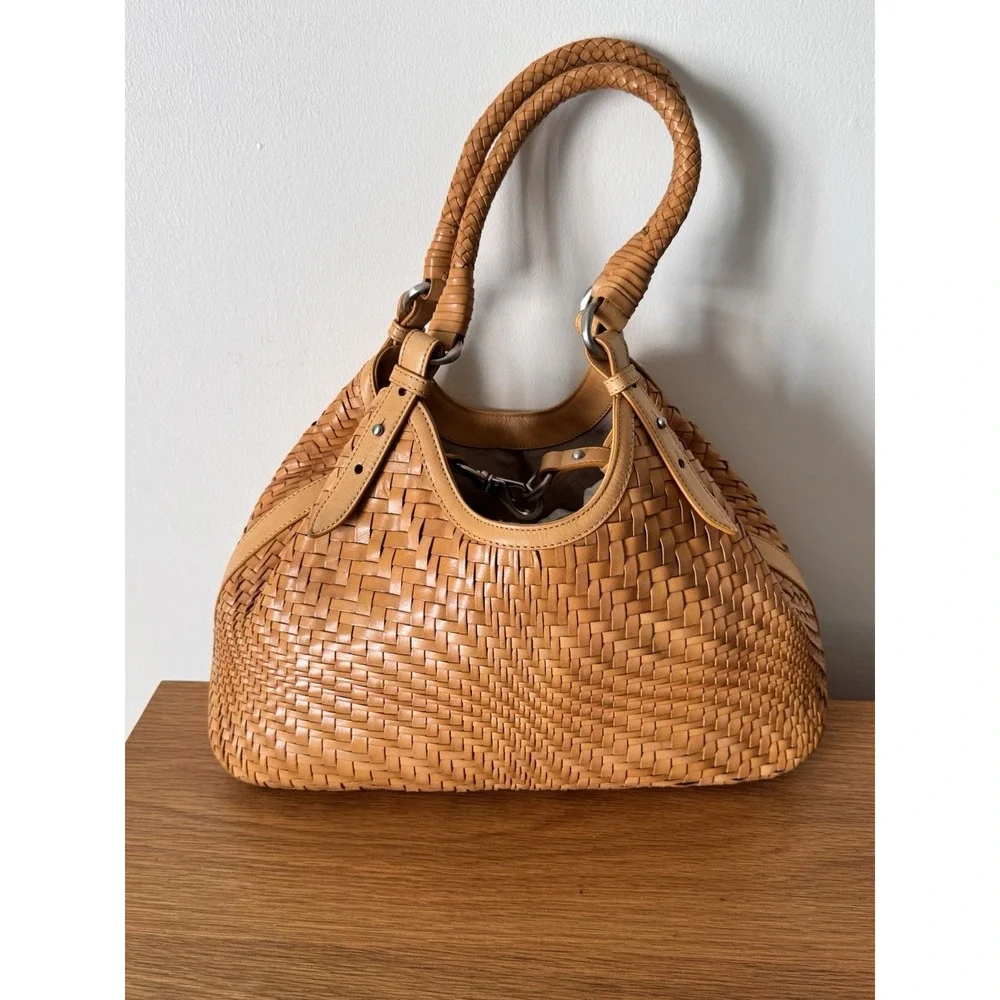 Cole Haan Genevieve Optical Weave Tan Leather Hobo Shoulder Bag Handbag